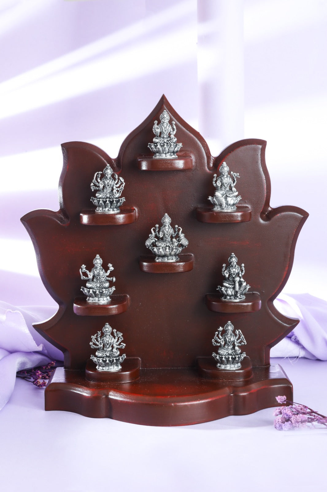 Ashta Lakshmi Idol Set on Leaf-Shaped Stand