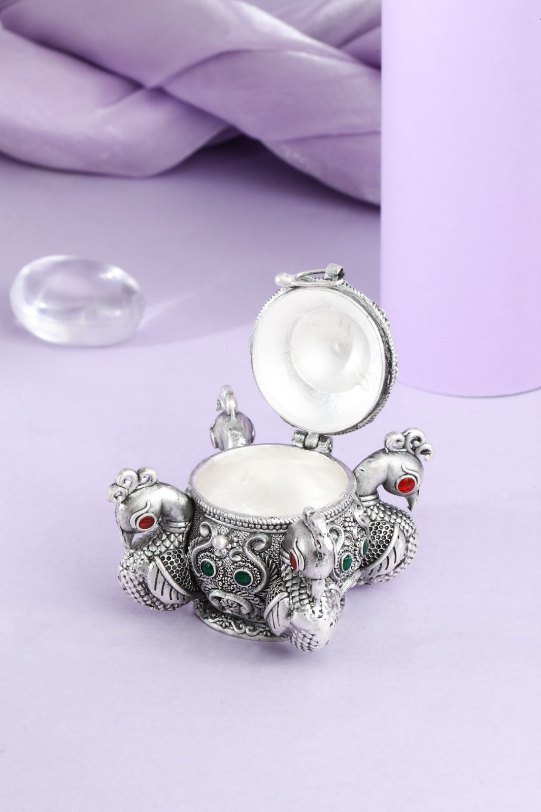 Open Peacock Motif Silver-Tone Decorative Box