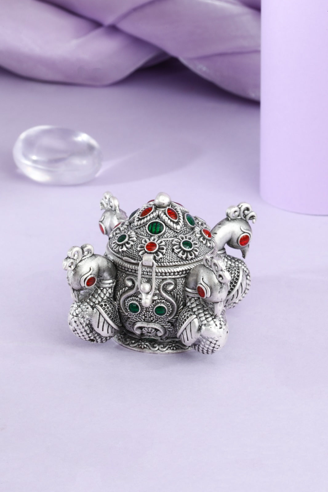 Peacock Motif Silver-Tone Decorative Box