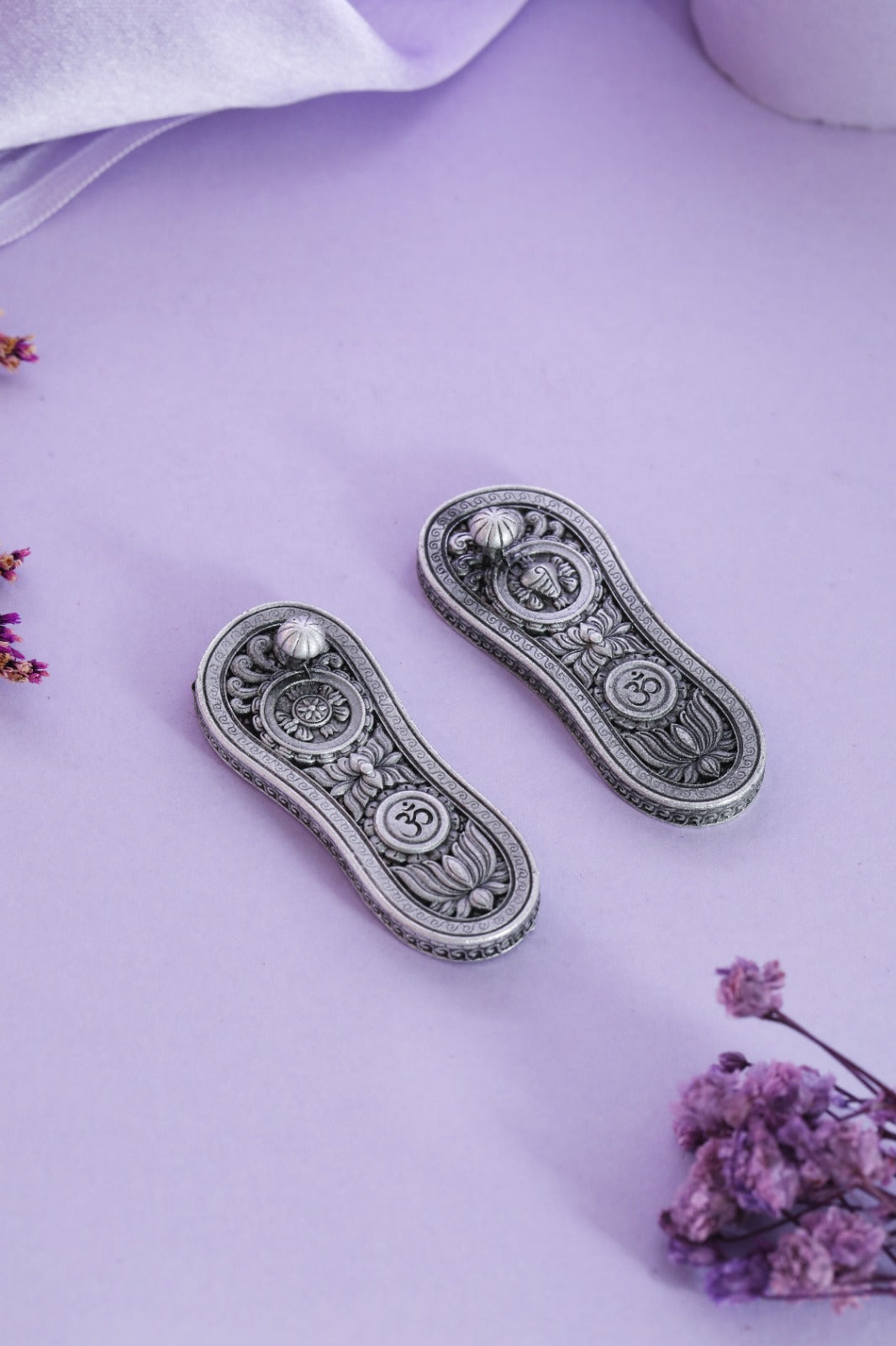 Silver Charan Paduka Pair with Om Motif