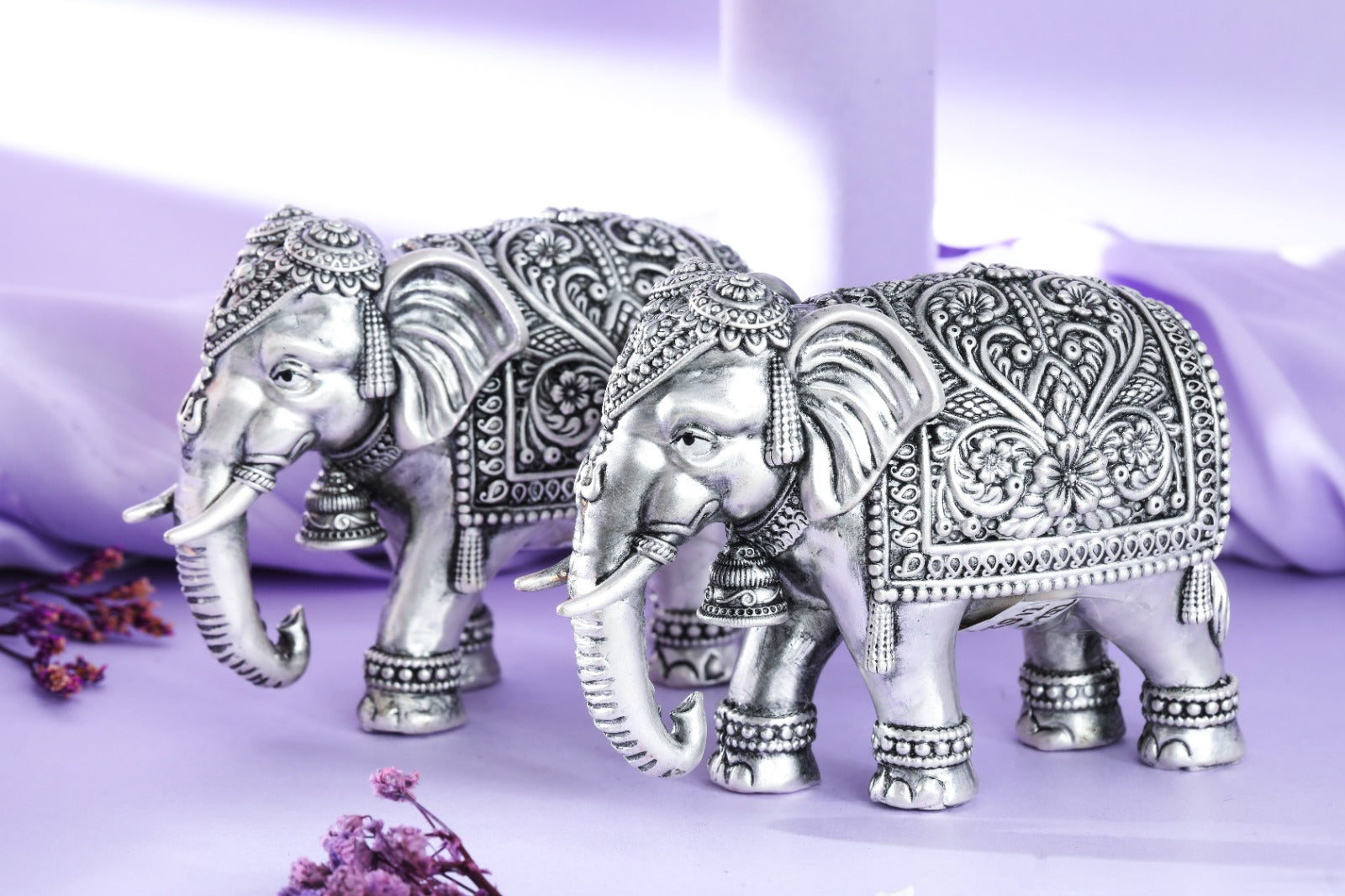 Silver Elephant Pair with Floral Blanket Detail