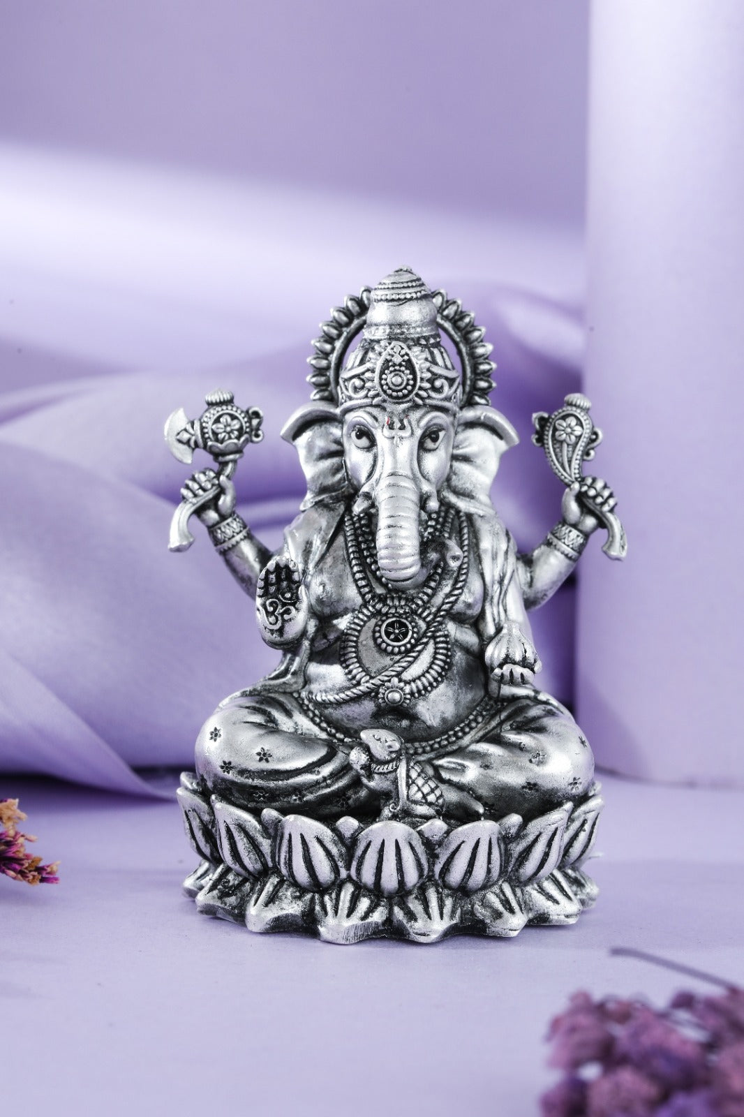 Silver Finish Ganesha Idol on Lotus