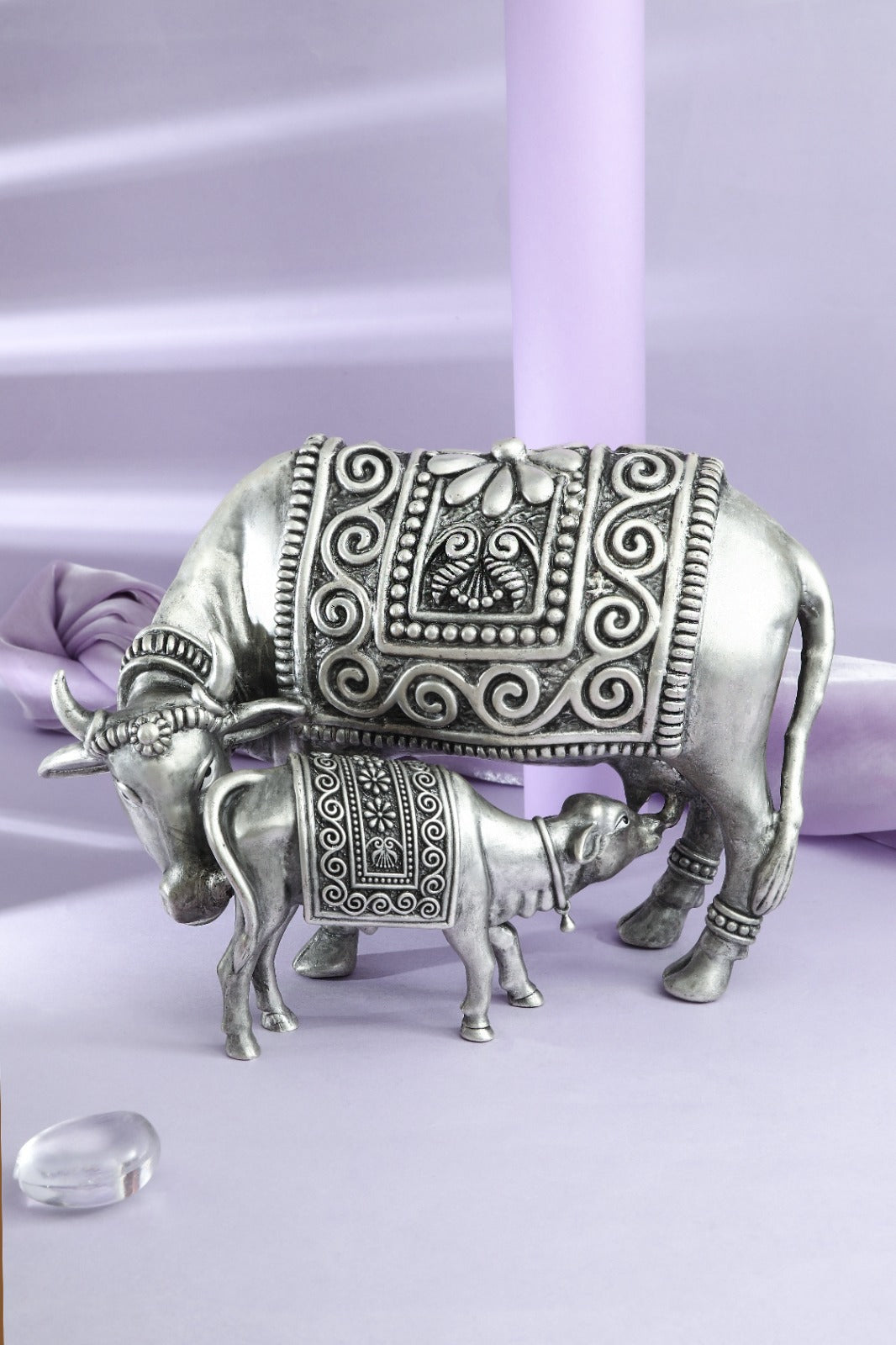Silver Finish Kamadhenu Gau Mata and Calf Idol