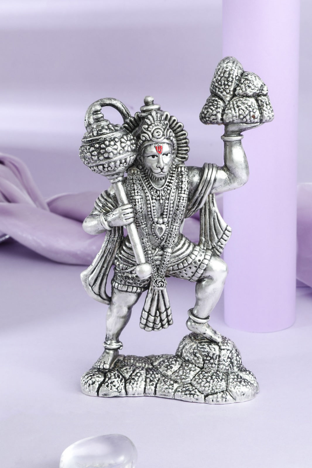 Silver Finish Lord Hanuman Idol with Gada and Sanjeevani Mountain