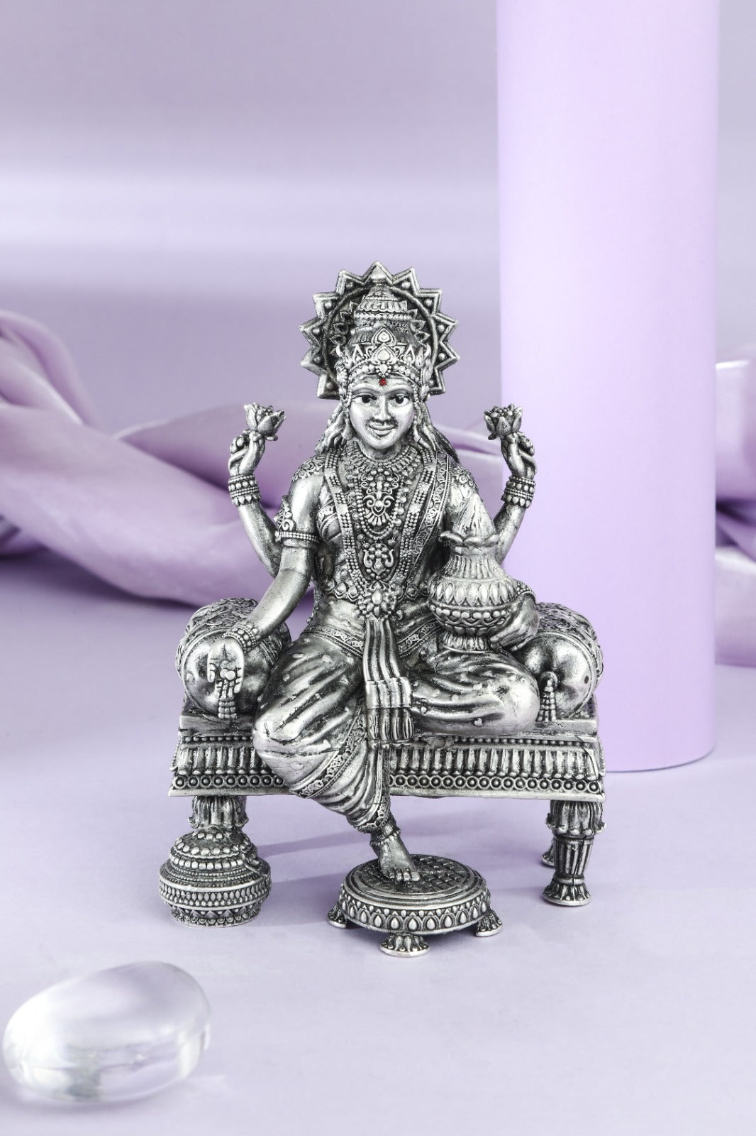 Silver Goddess Lakshmi Idol Seated on Throne