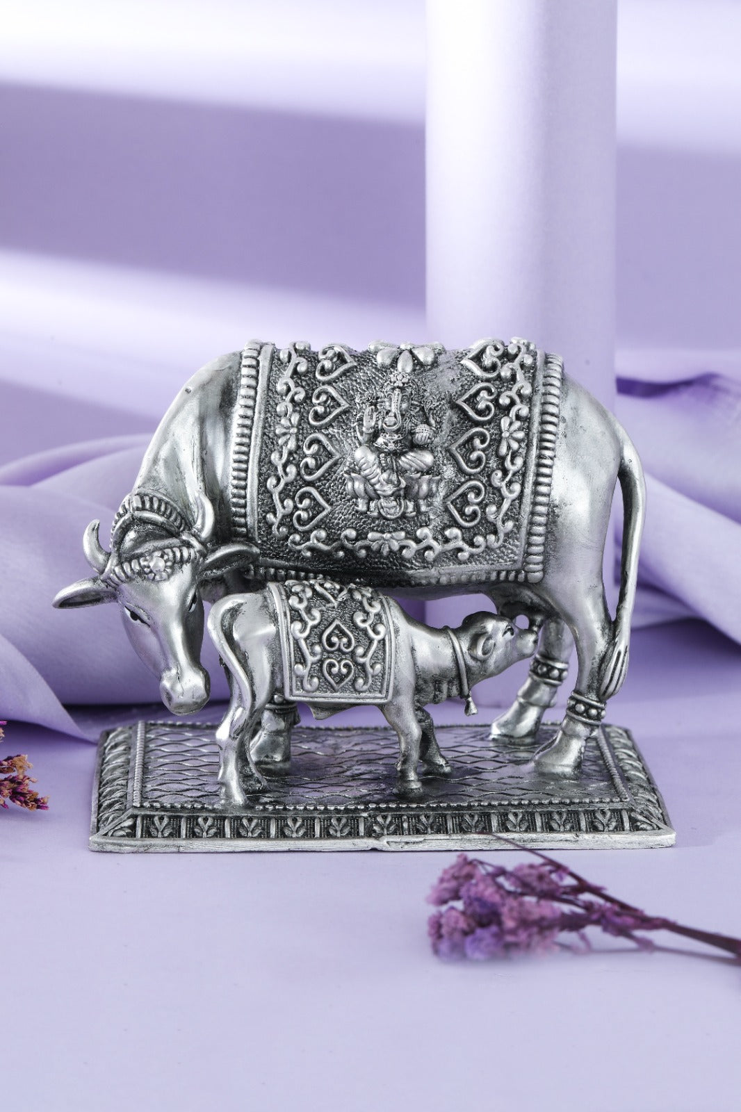 Silver Kamadhenu cow and calf idol