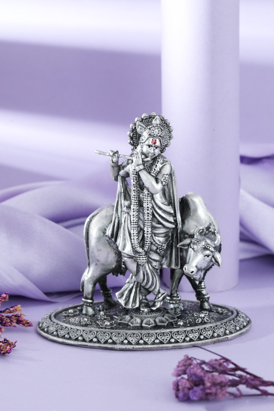 Silver Krishna Playing Flute with Cow Idol