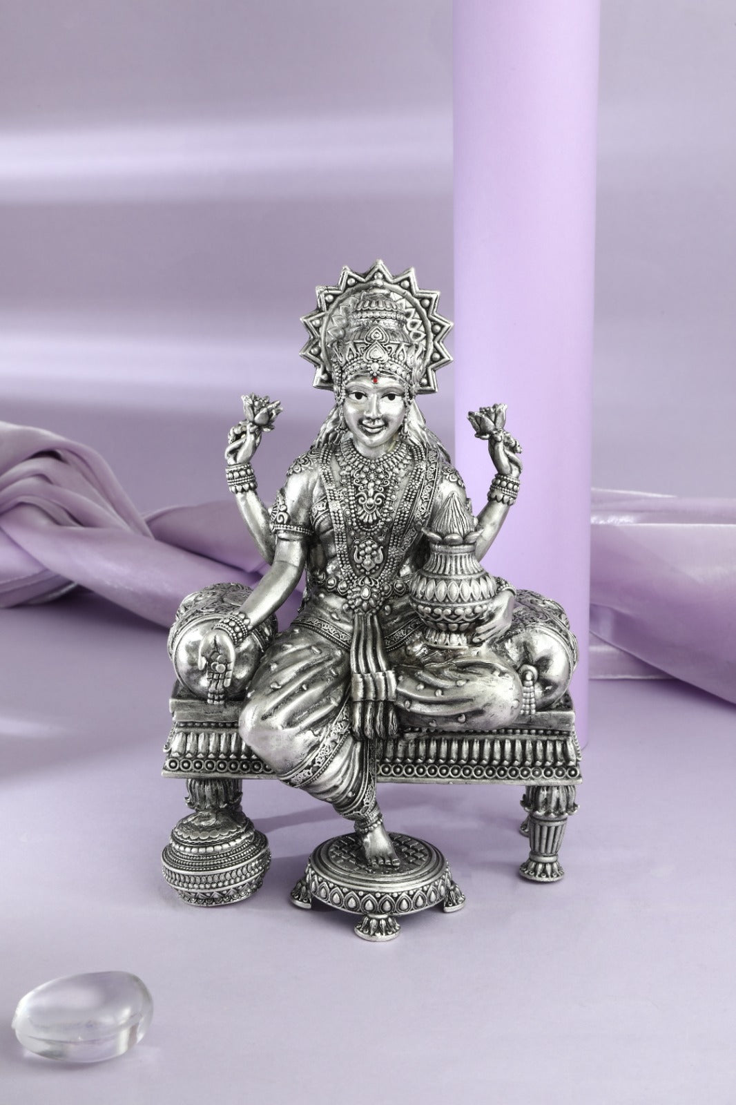 Silver Lakshmi Idol Seated on Ornate Bench