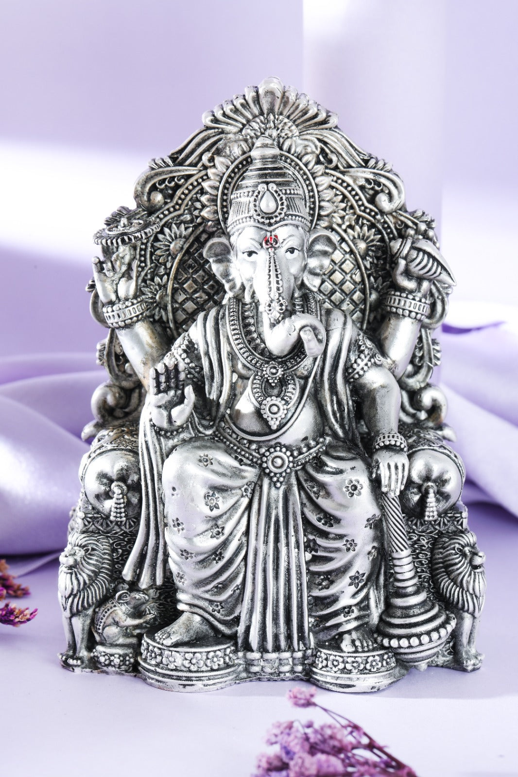 Silver-Tone Ganesha Idol on Ornate Throne
