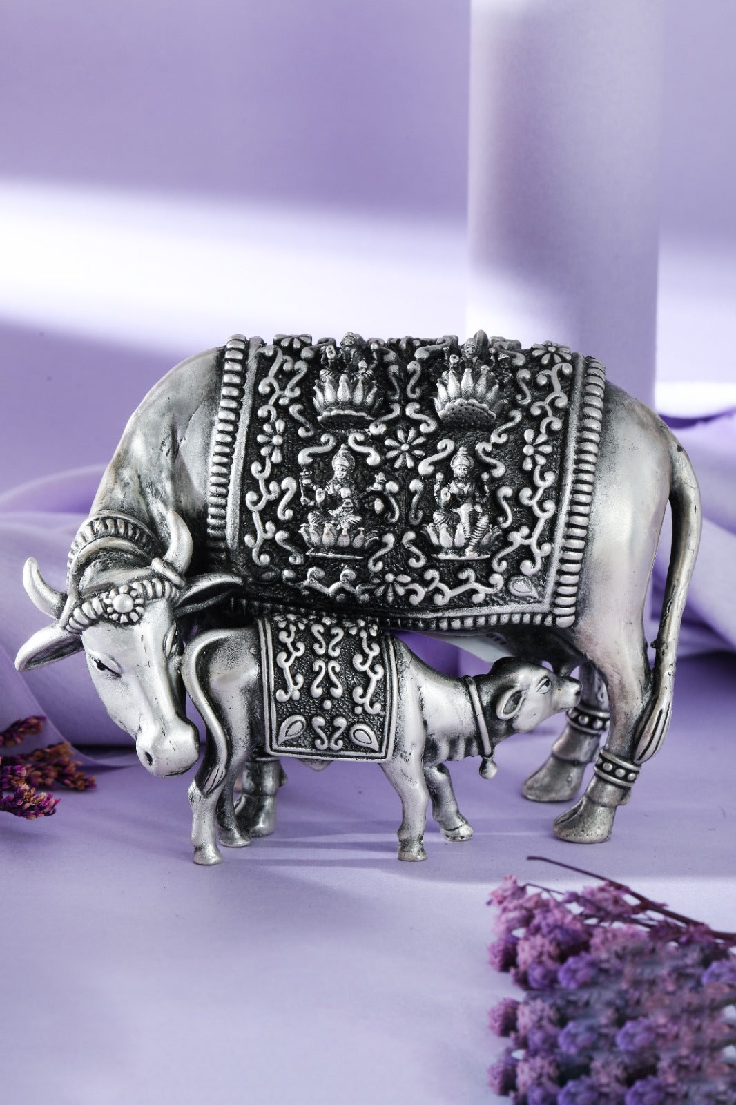 Silver-tone Kamadhenu cow and calf idol