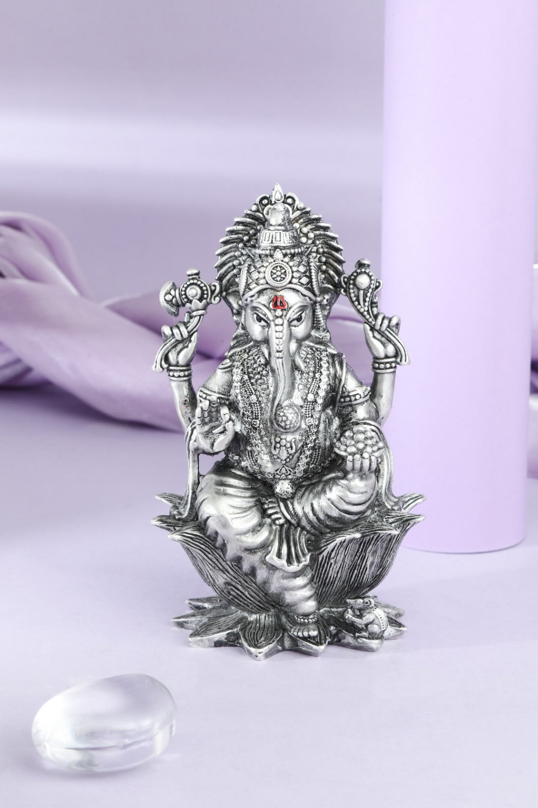 Silver-Tone Lord Ganesha Lotus Idol