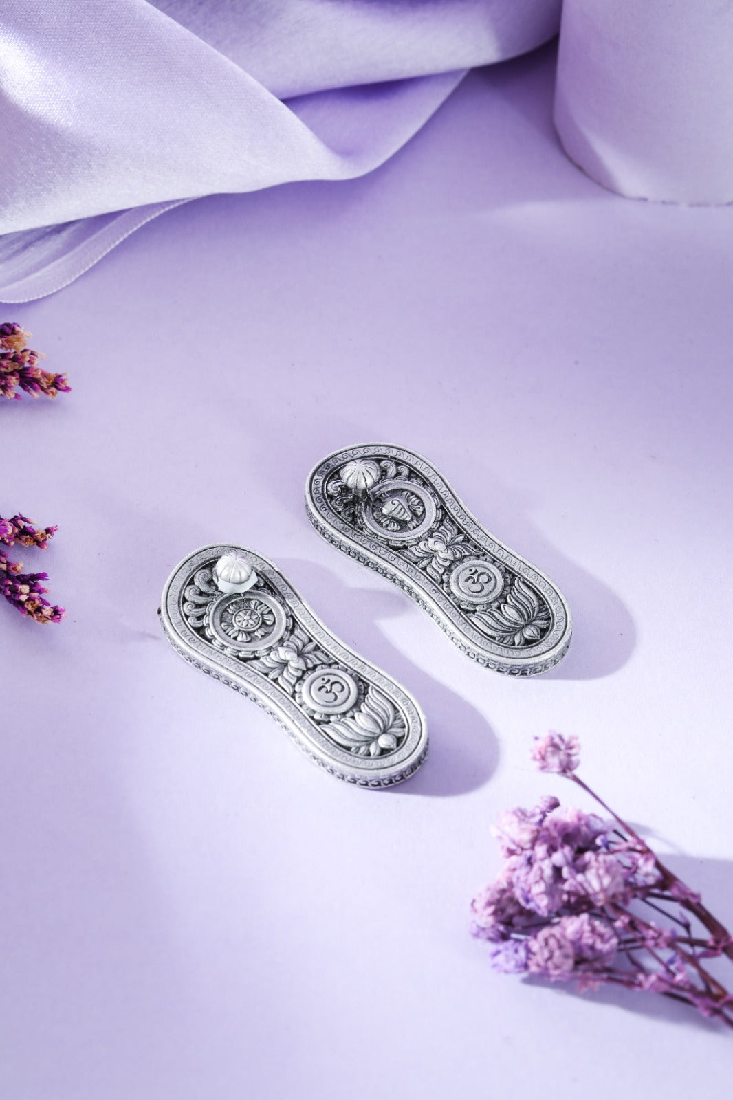 Silver-Tone Sacred Paduka Pair with Om Motif
