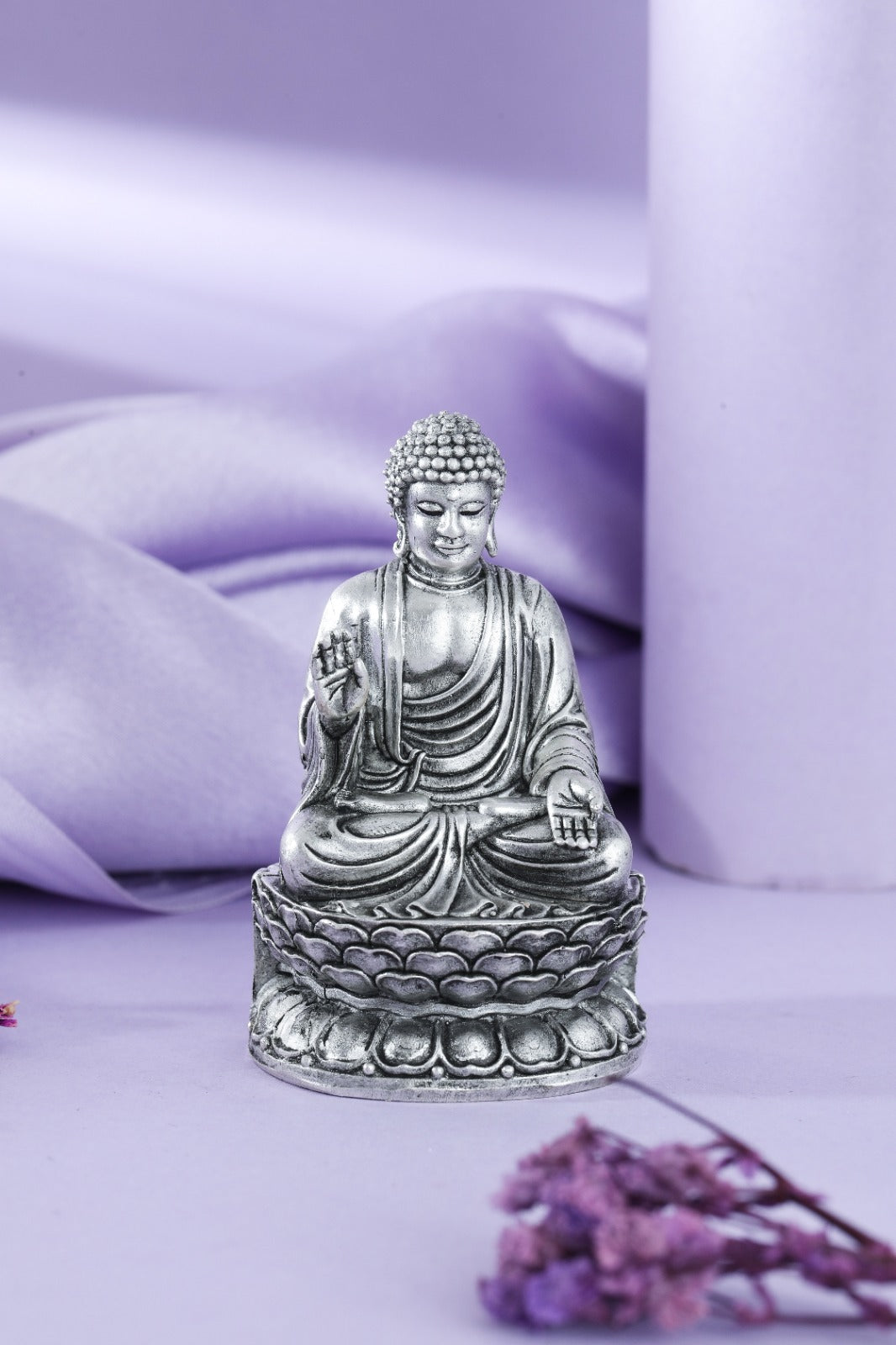 Silver Tone Seated Buddha Idol